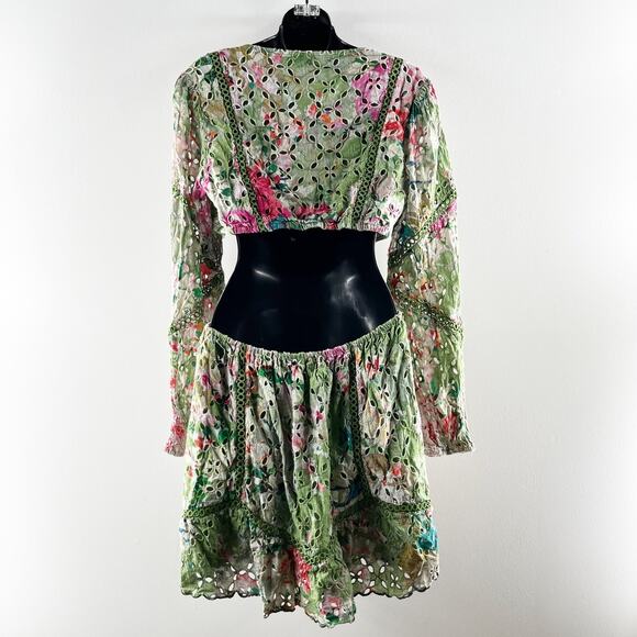 Hemant & Nandita Zaira Eyelet Floral Long Sleeve Mini Cut Out Dress Green XL - Picture 7 of 7